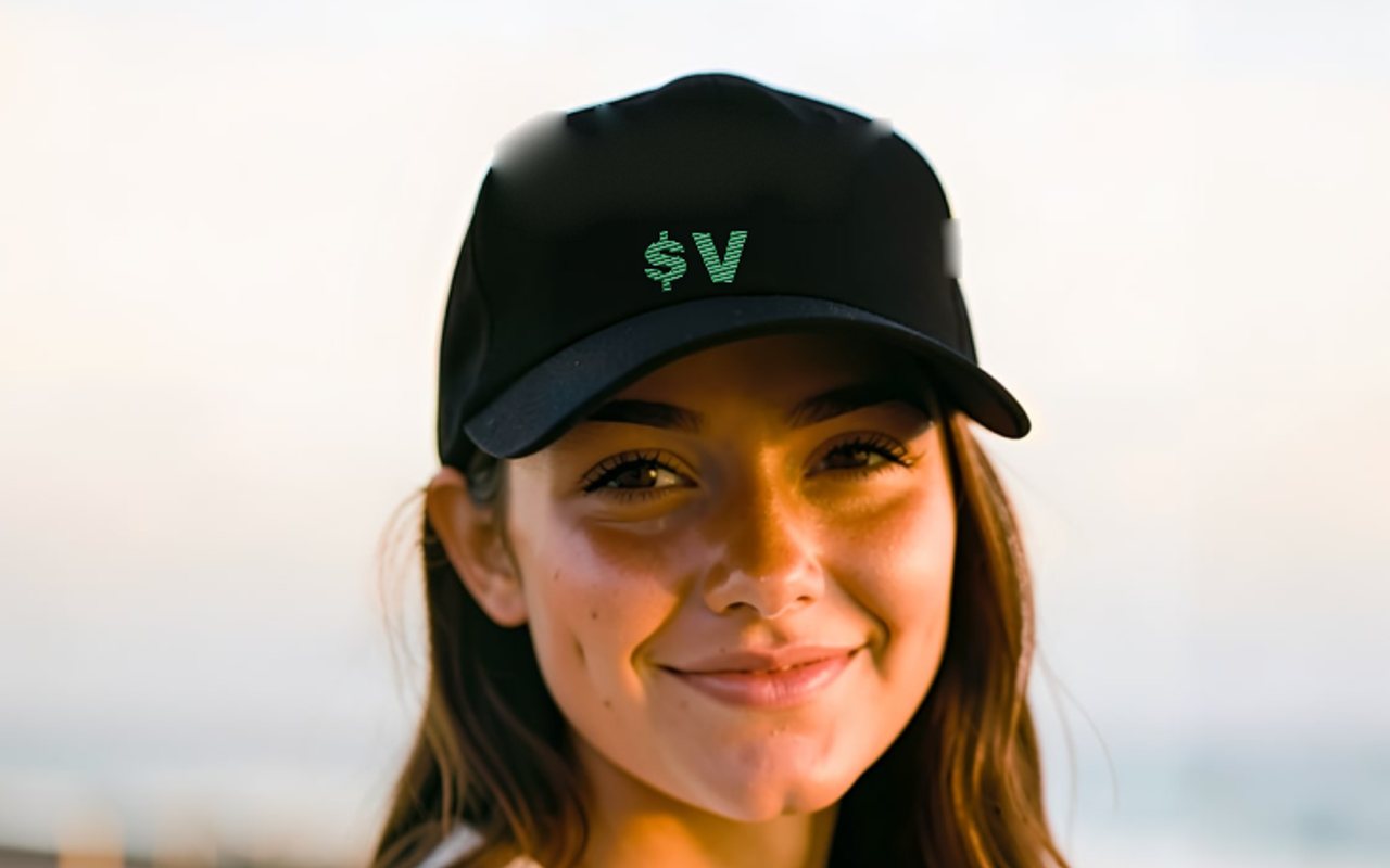 $V embroidered hat, worn