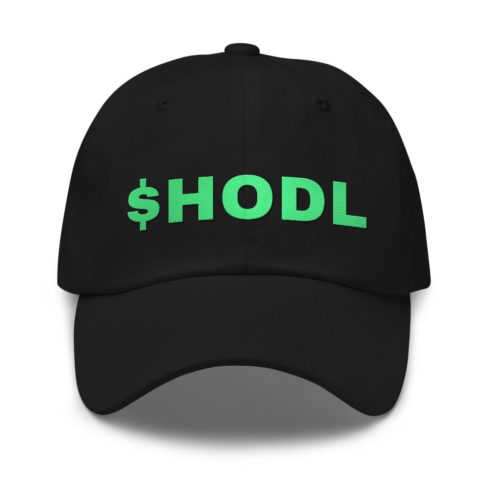 Custom embroidered hat reading $HODL in gold thread